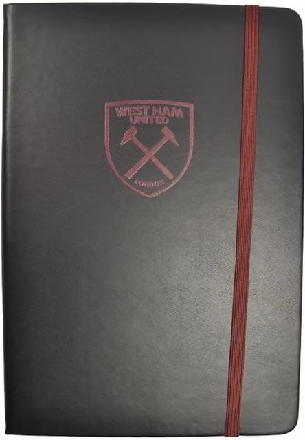 West Ham United FC A5 Lined Hardcover Composition Notebook with Faux Leather Cover, Bookmark and Elastic Closure in Black and Red