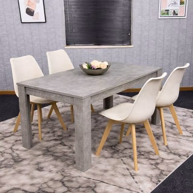 KOSY KOALA Modern Rectangular Dining Table Set with 4 Cream Plastic Chairs, Stone Grey Effect MDF Table, W/D/H: 120 x 80 x 75 cm