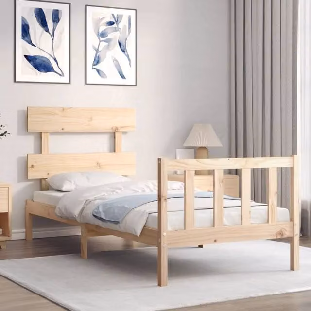 Berkfield Home Beautiful Single Solid Wood Bed Frame with Headboard in Beige, W/D/H: 90 x 190 cm – 1