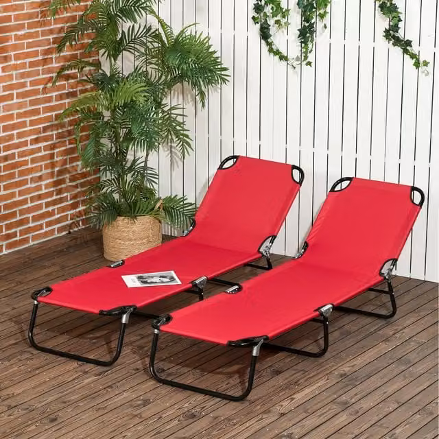 Outsunny Set of Two Red Folding Sun Loungers with Adjustable Headrest and Multi-Position Glide