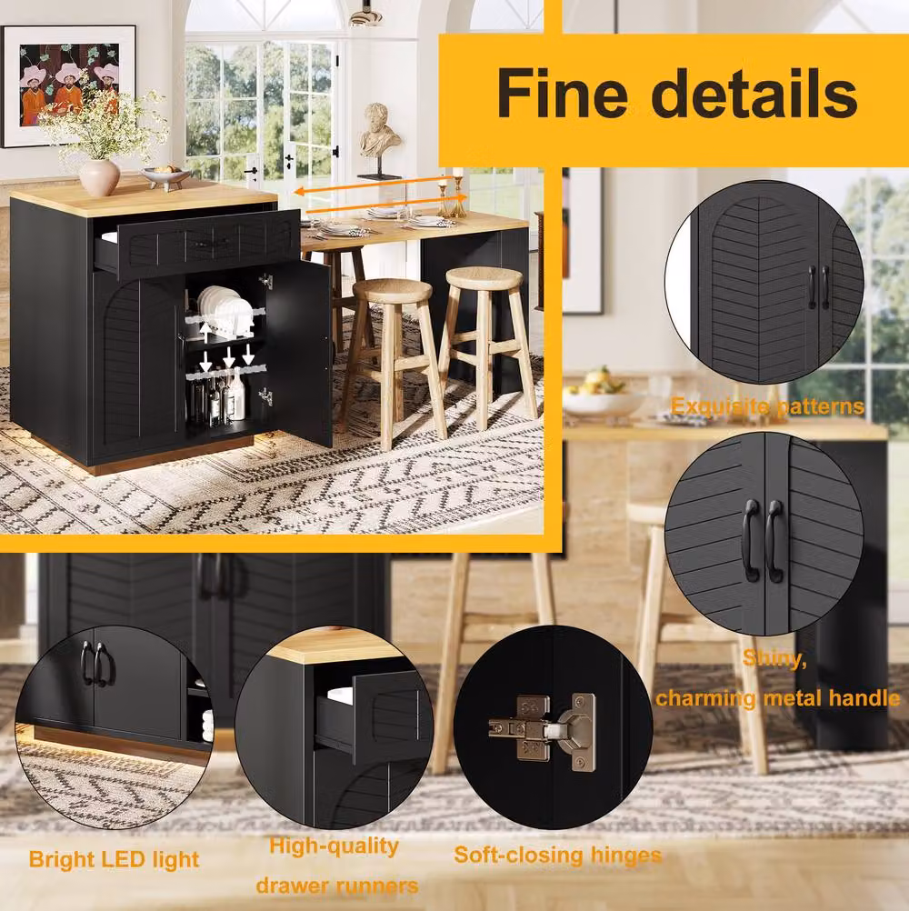 STILVORA Extendable Kitchen Island Dining Table with Storage in Black, H 95.5 x W 80 x D 53 cm – 8