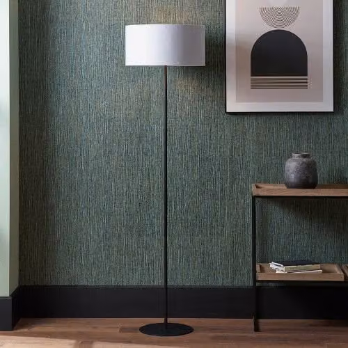 Ruma Tall Living Room Floor Lamp in Brushed Silver and Grey with White Fabric Drum Lampshade – 1