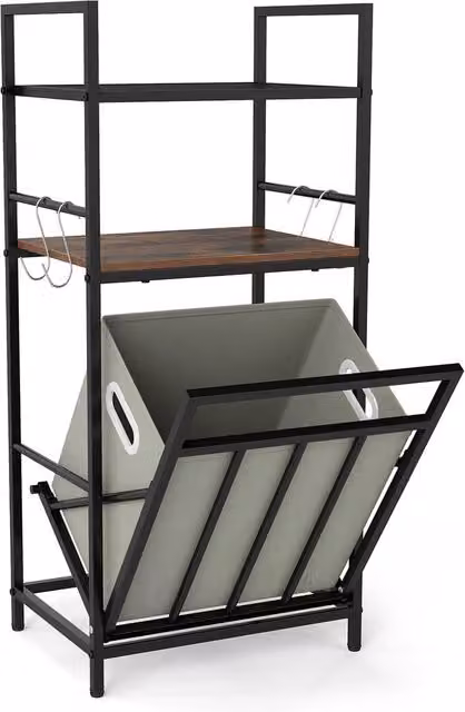 Costway 2-Tier Brown Laundry Hamper with Tilt-out Basket, 4 Hooks and Removable Bag