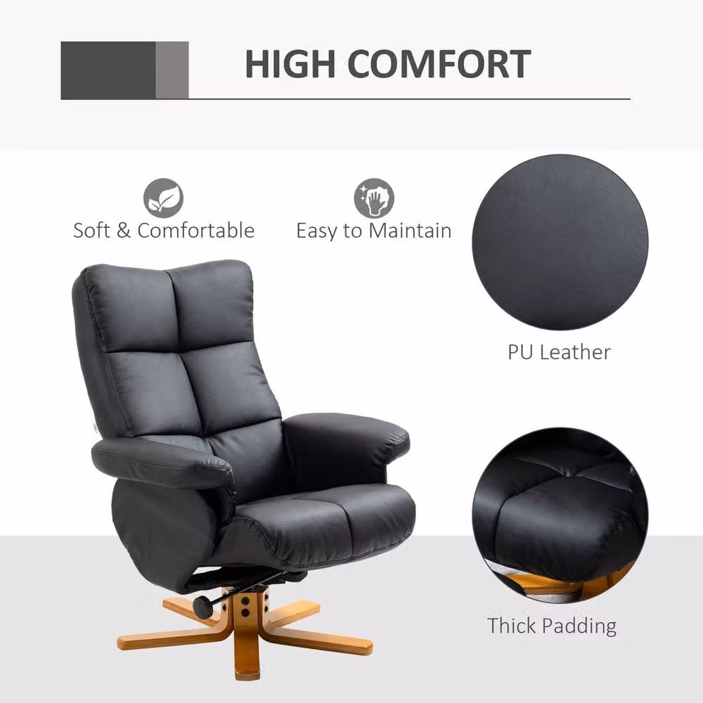 NESTLUNE Black PU Leather Recliner Chair and Footstool Set – 3