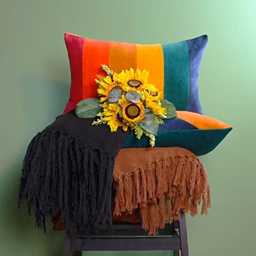 Furn Rainbow Striped Velvet and Cotton Rectangular Cushion in Gold and Multicolour, W/D/H: 50 x 30 x 1 cm – 3