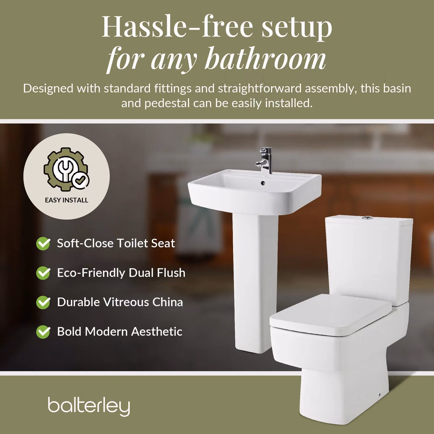 Balterley Optic Square Suite Ceramic Toilet with Soft-Close Seat and 520mm Basin Pedestal in White – 4