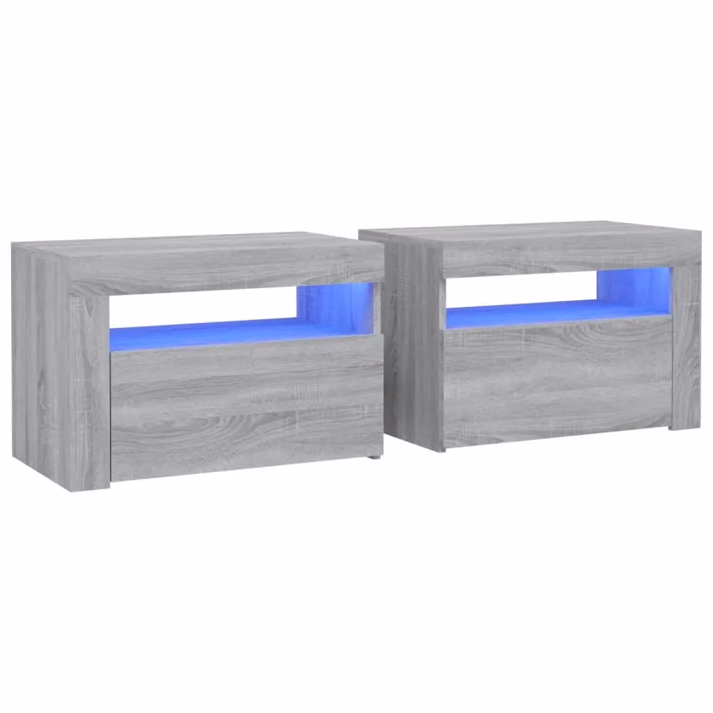 Berkfield Home Set of 2 Grey Sonoma Bedside Cabinets with Integrated LED Lighting, W: 60 cm, D: 35 cm, H: 40 cm – 2