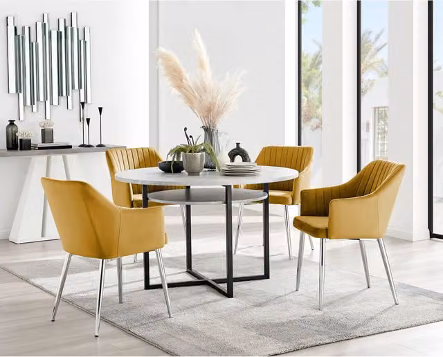 FurnitureboxUK Adley Round Grey Concrete Effect Dining Table and 4 Calla Mustard Chairs with Silver Legs