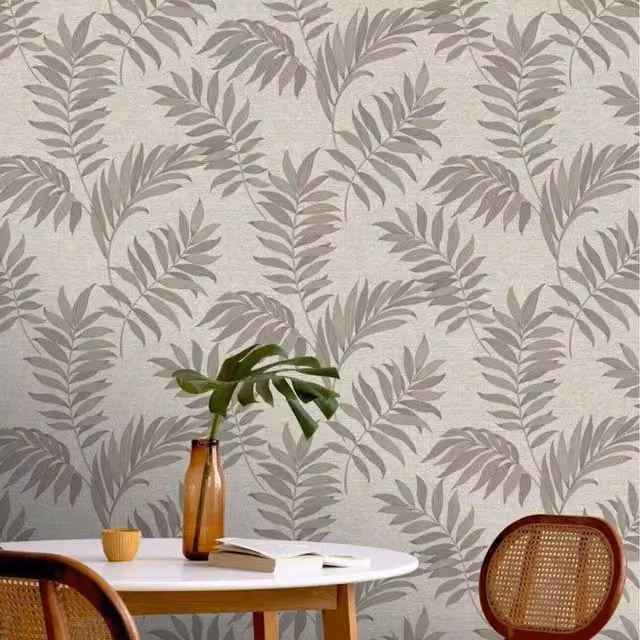 Rasch Sumatra Tropical Leaves Metallic Palm Fern Leaf Wallpaper in Beige and Grey