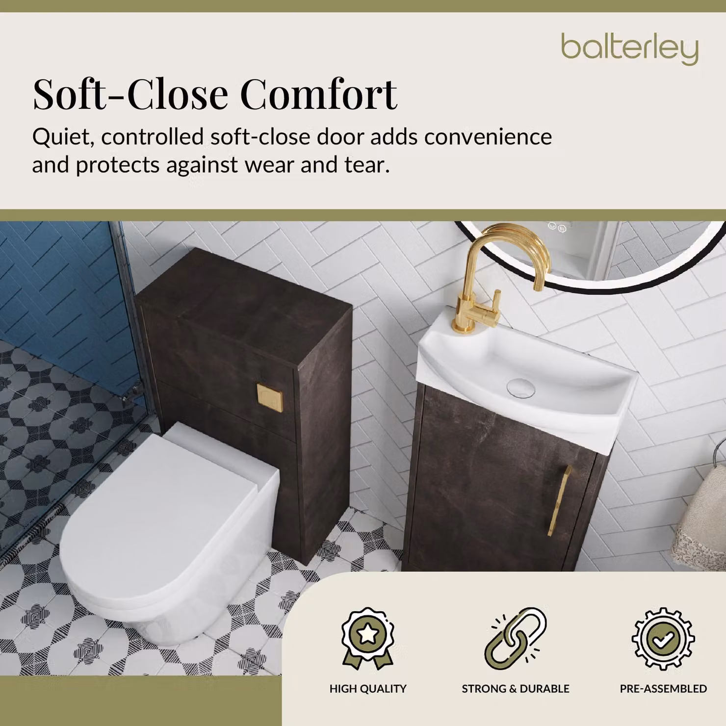 Balterley Right Hand Cloakroom Suite with Vanity, WC, Toilet and Tap Set in Matt Grey with Slate Brass Details – 3
