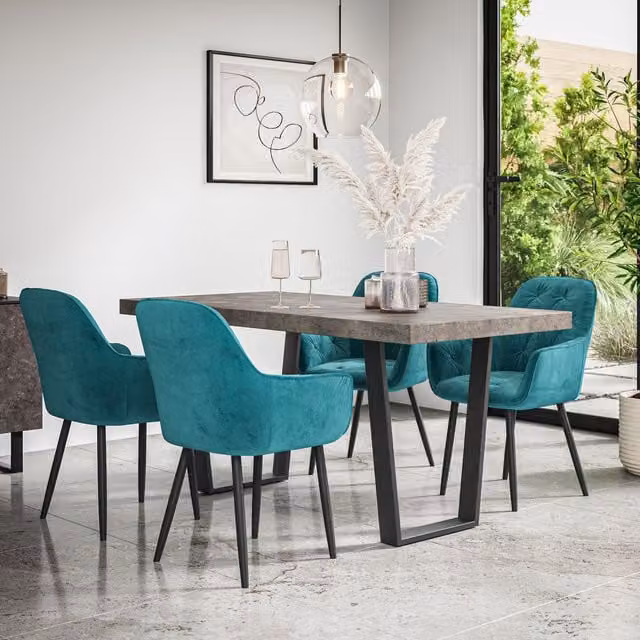 More4Homes Aria Dining Table and Anika Blue Velvet Chair Set of 6, Concrete Effect Table Top with Black Legs, W/D/H: 160 x 80 x 76 cm