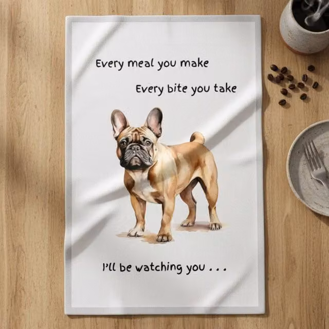 Animal Crackers French Bulldog Cotton Tea Towel in White and Grey with Watching You Wording, 66 cm