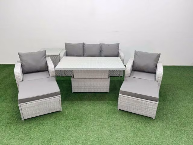 Fimous Grey PE Rattan Garden Furniture Set with 3-Seater Sofa, Reclining Armchair, Coffee Table and 2 Ottomans