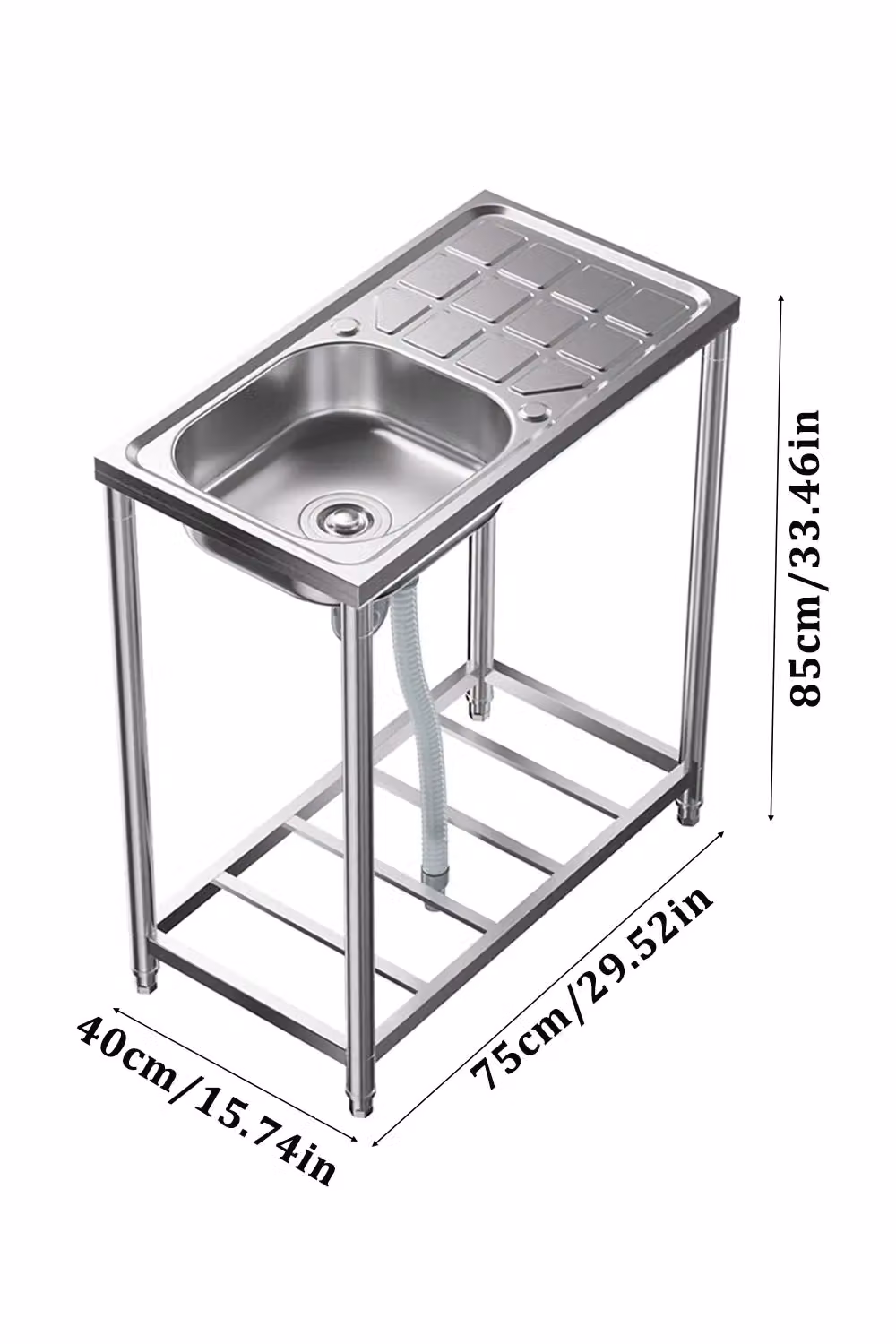 Living and Home Free Standing Stainless Steel Single Bowl Sink in Silver, W/D/H: 75 x 40 x 85 cm – 6