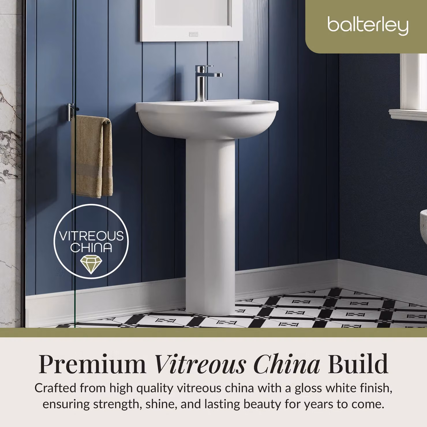 Balterley Round 1 Tap Hole Basin with Full Pedestal, White, W: 50.0 cm, D: 41.6 cm, H: 82.3 cm – 4