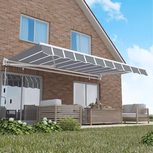 Primrose Manual Retractable Folding Arm Awning with White Aluminium Frame and Grey Striped Fabric, W: 350 cm, D: 250 cm