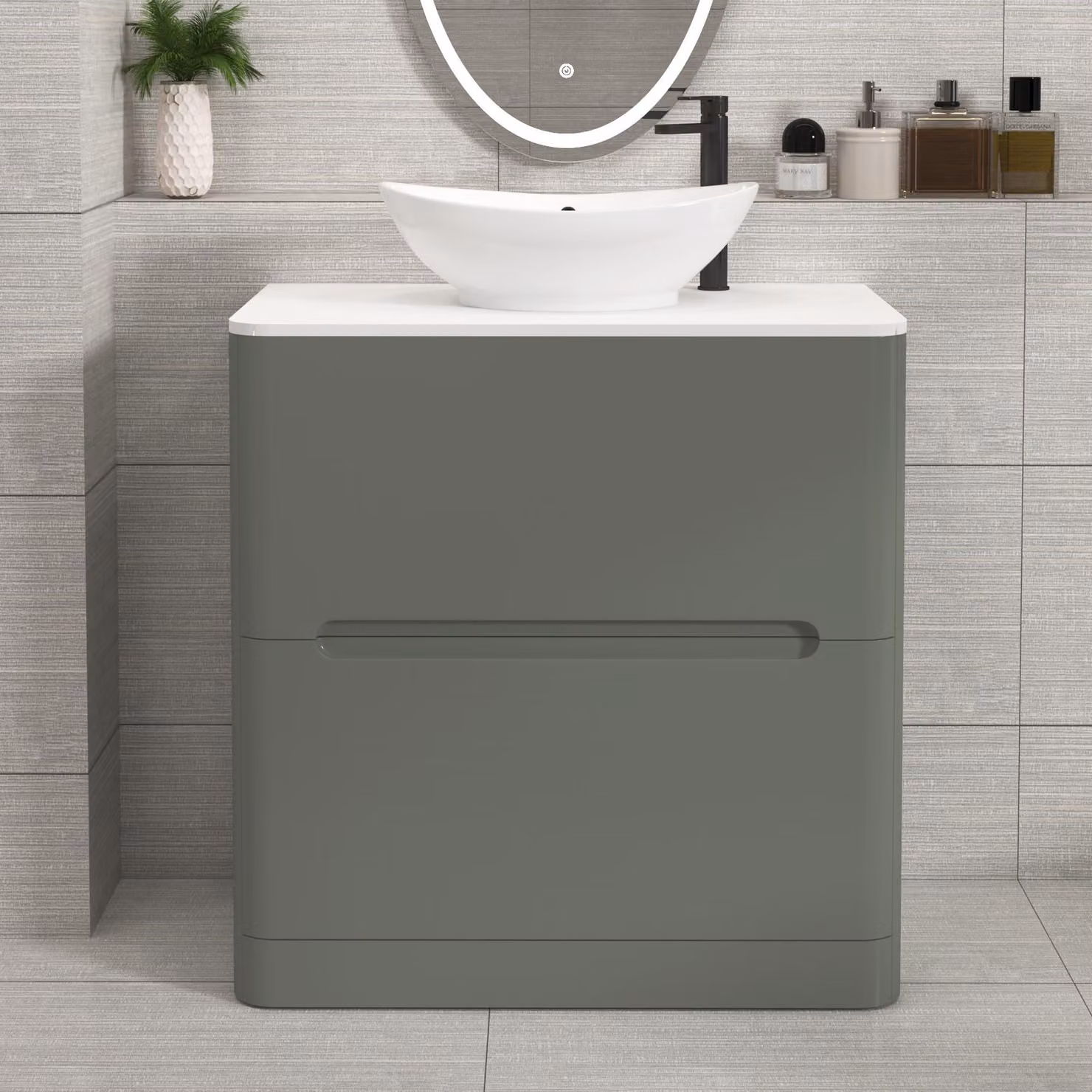 Royal Bathrooms Venice 800mm Sage Green Floor Standing 2 Drawer Vanity Unit with Plain White Worktop and Amaze Basin