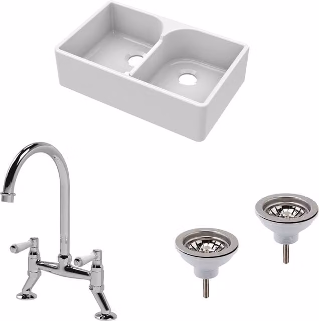 Balterley White Ceramic Fireclay 2 Bowl Stepped Weir Butler Sink with Wastes and Bridge Tap, W: 79.5 cm – 1