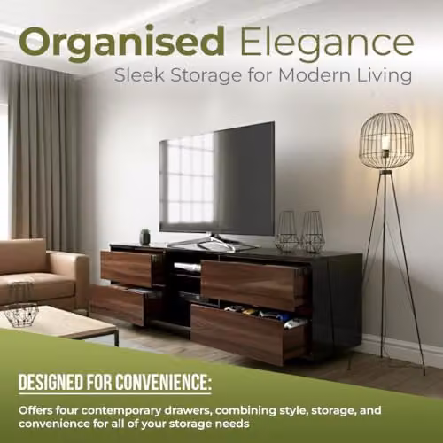 Centurion Avitus Gloss Black TV Stand with 4 Walnut Drawers and 3 Shelves for 32-65 inch LED/LCD/Plasma Screens, W/D/H: 158 x 40 x 48 cm – 4