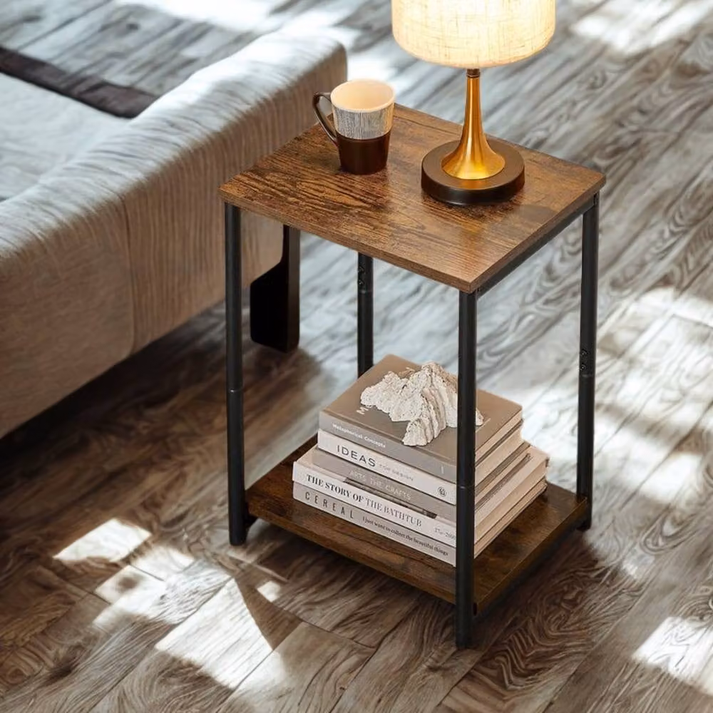 Pirlo Plush 2 Tier Side End Table with Black Steel Frame and Brown Composite Wood Tiers, W/D/H: 30 x 30 x 50 cm – 7
