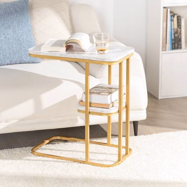 SoBuy Two-Tier Side Table with Gold Metal Sled Base and Marble Effect Rectangular Top