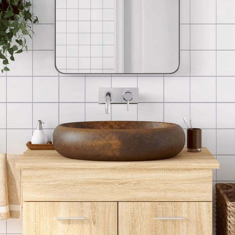 Berkfield Home Brown Oval Ceramic Countertop Basin W: 59 cm, D: 40 cm, H: 15 cm – 2