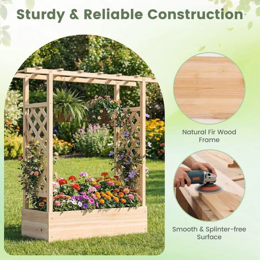 PAWNORA Brown Wooden Raised Garden Bed with Side Trellis, Height: 114 cm – 4