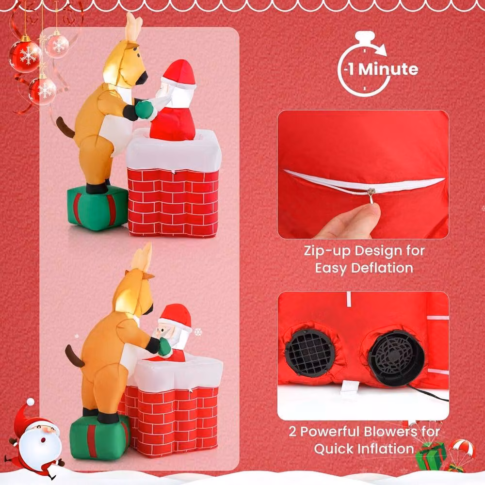 Gymax Inflatable Santa Claus Climbing Chimney with Reindeer Christmas Decoration in Red and Multicolour – 8