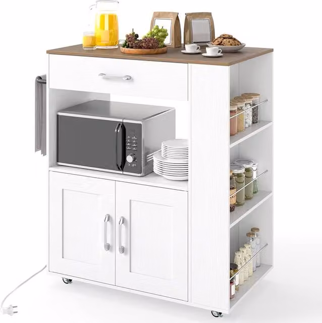 Costway Rolling Wooden Kitchen Island with Charging Station and Drawer in White