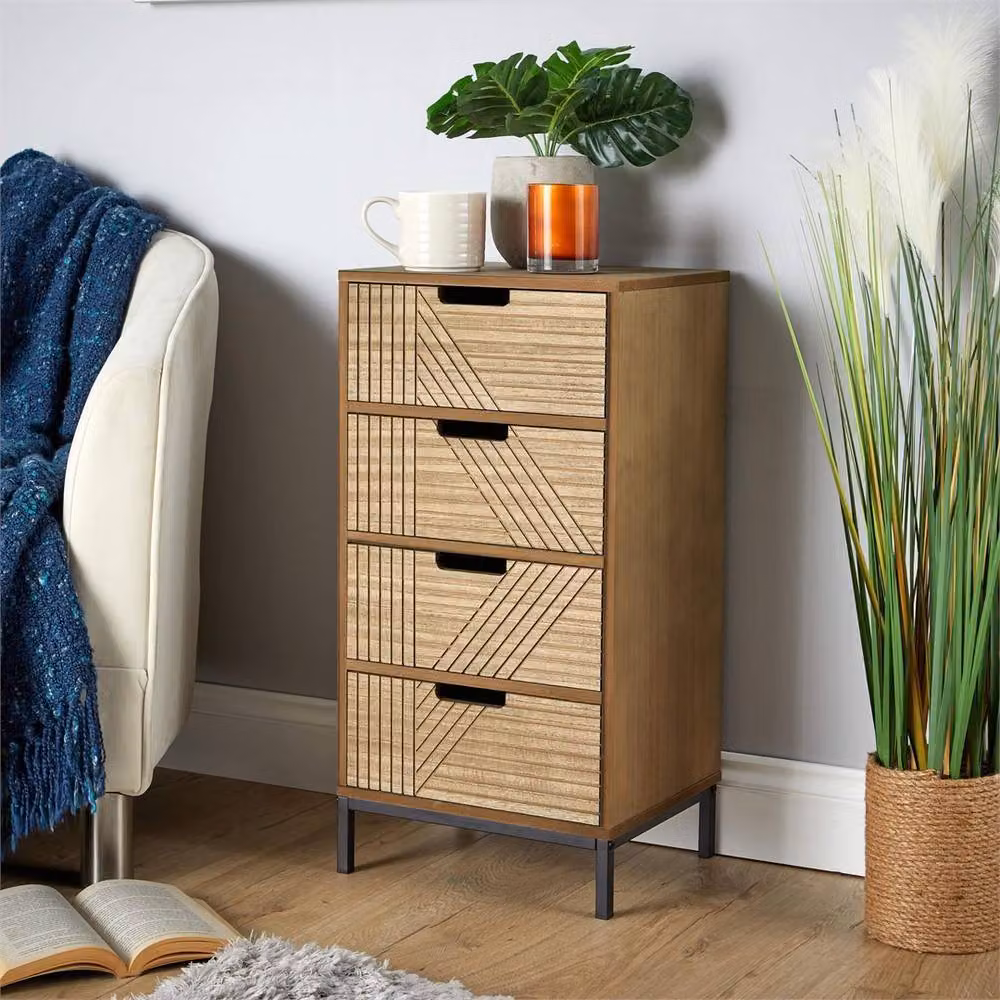 Nordara Geometric Design 4 Drawer Chest in Brown, W: 110 cm, D: 35 cm – 2