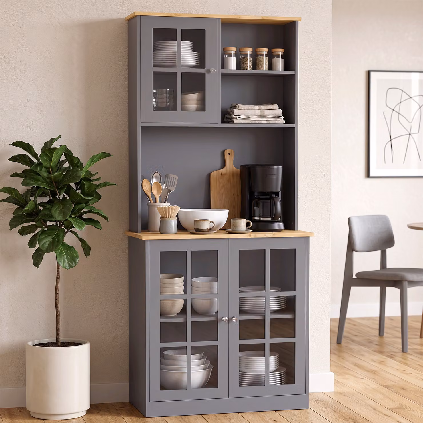 HOMCOM Grey Kitchen Pantry Buffet Hutch with 3 Storage Cabinets and 2 Open Shelves – 2