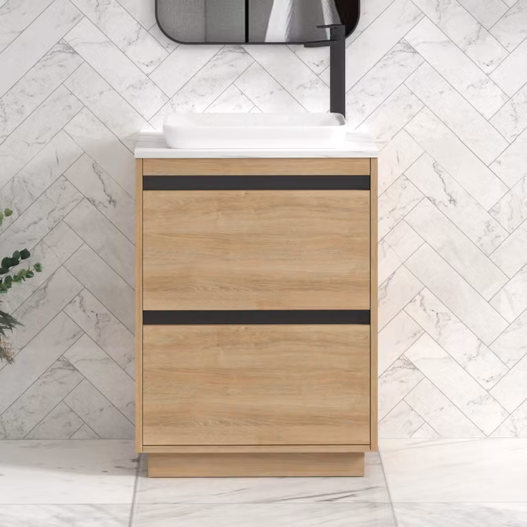 Royal Bathrooms Orion 2 Drawer Natural Oak Floor Standing Vanity Unit with Carrara White Top and Countertop Basin with Black Accent Trim