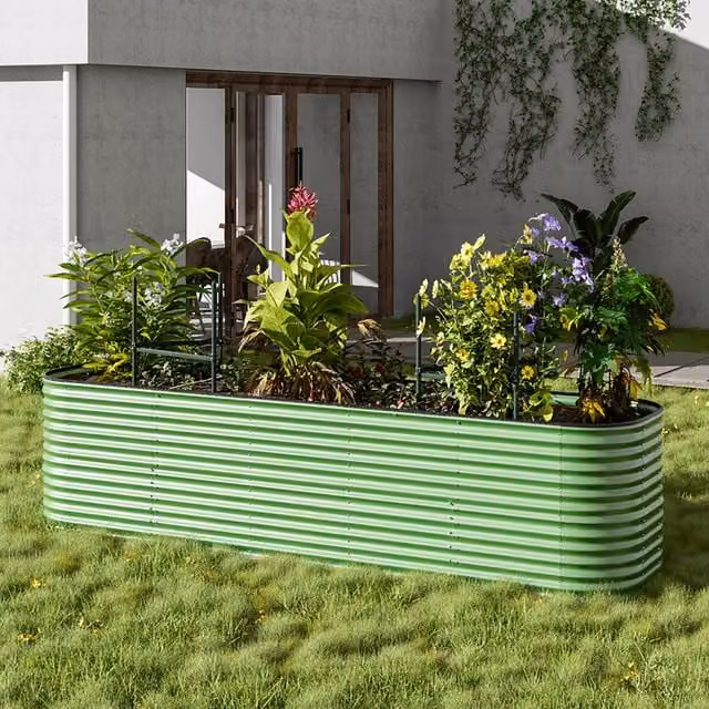 Breeins Oval Galvanised Steel Raised Flower Bed in Green, W/D/H: 320 x 80 x 80 cm