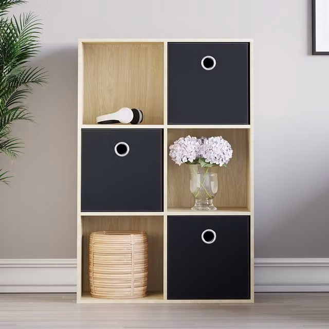 Vida Designs Durham 6 Cube Storage Unit in Oak with 3 Black Baskets