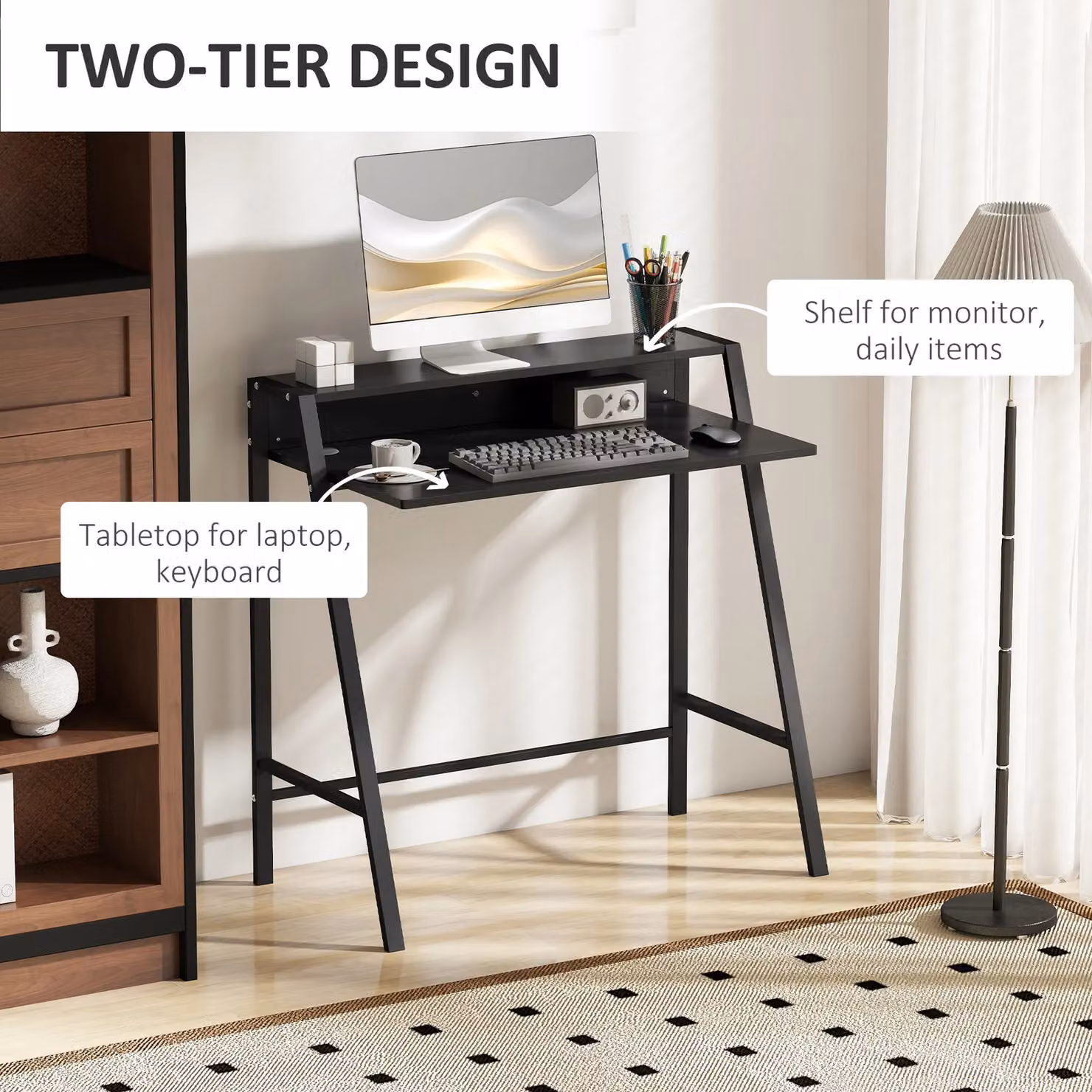 HOMCOM 2-Tier Computer Workstation with Storage Shelf and Metal Frame in Black – 4