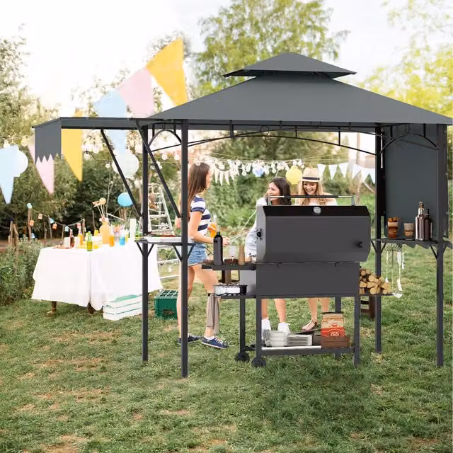 COSTWAY Freestanding Outdoor BBQ Canopy Shelter in Grey with Metal and Polyester Construction