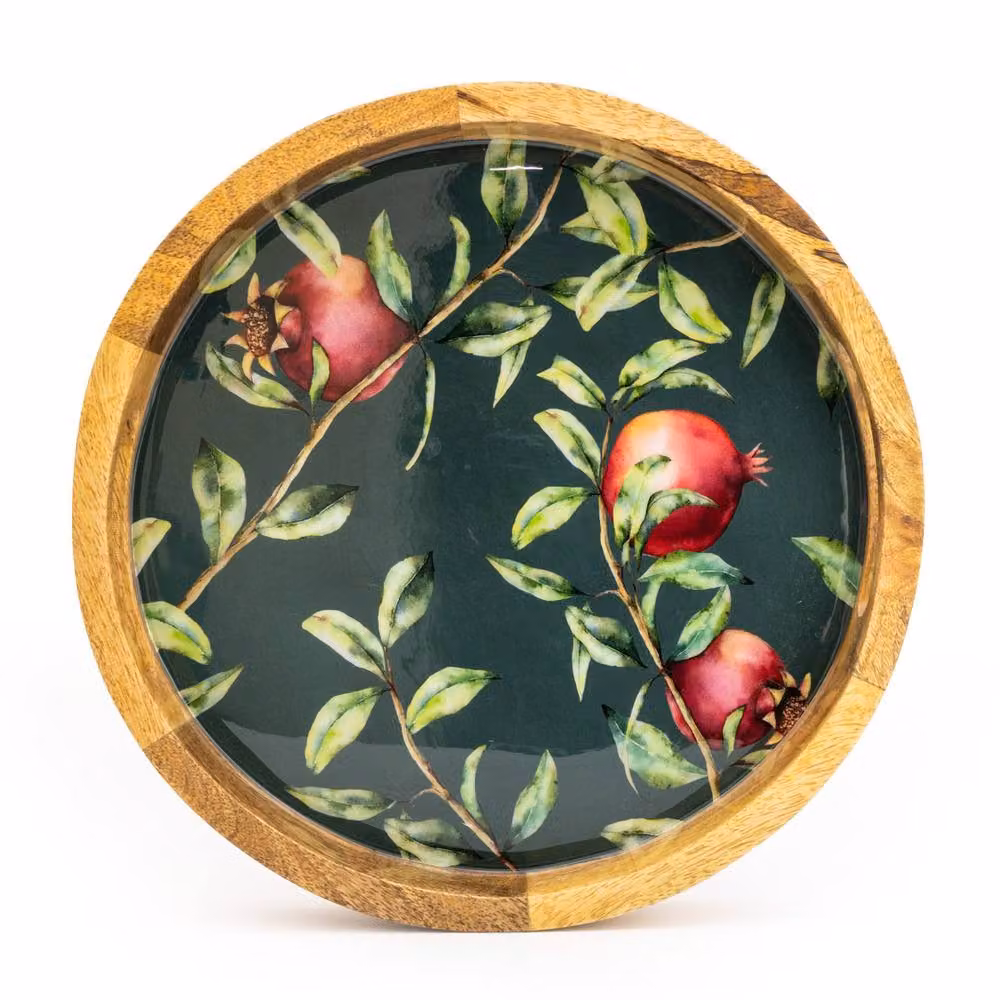 Madison & Mayfair Round Wood Tray with Pomegranate Enamel Inlay, Green, Diameter: 30 cm – 2