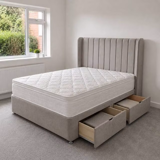 Stratus Interiors Oulton Wingback Divan Bed with Panel Headboard and 2 Drawers in Grey, W/D/H: 90 x 190 x 35.56 cm – 1