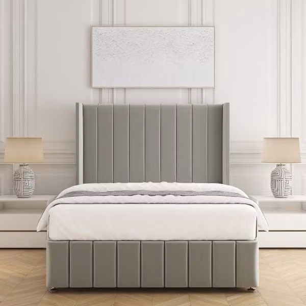 BSSPOKE Zoe Plush Velvet Divan Bed Set with 54 inch Headboard and Mattress in Silver, Super King, W/D/H: 200 x 162.56 x 3 cm