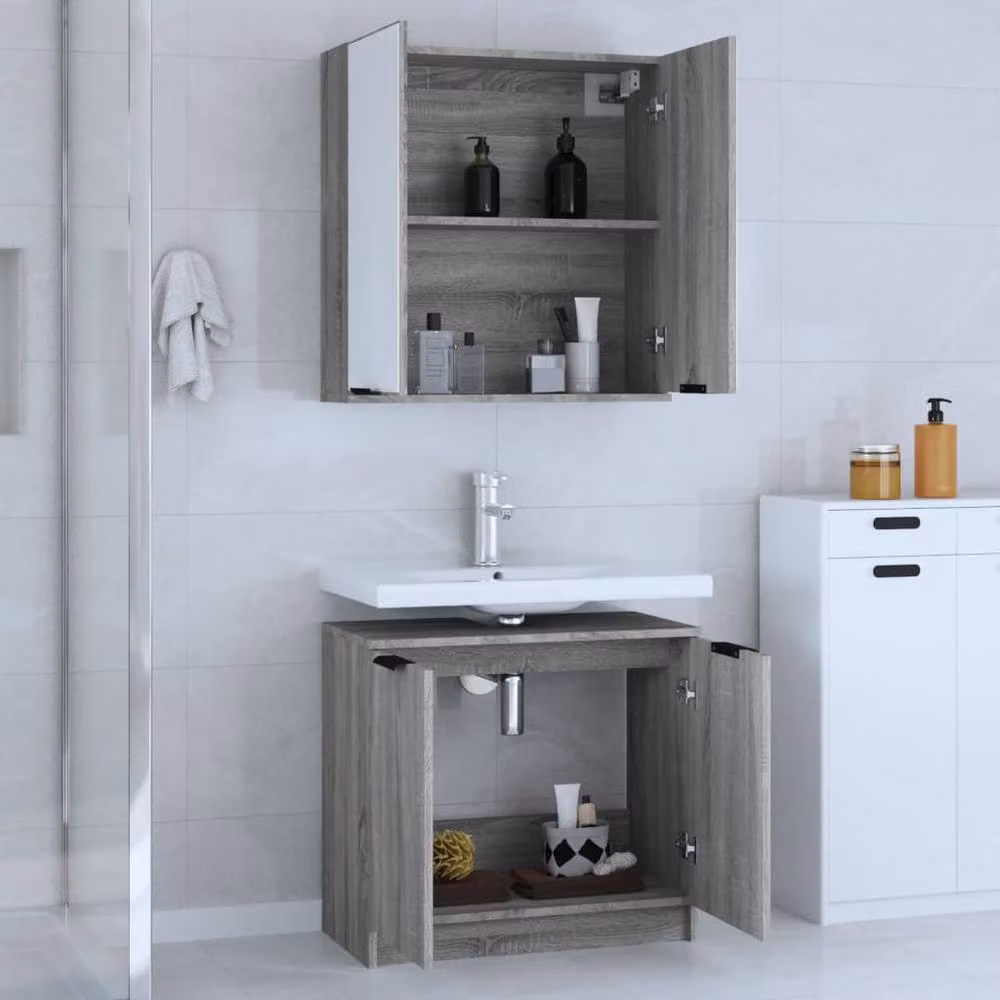 Berkfield Home 2 Piece Grey Sonoma Modern Wall Mounted Bathroom Cabinet Set with Hinged Doors and Internal Shelves – 2
