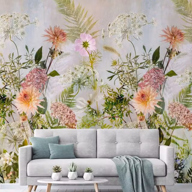 Grandeco Meadow Floral Textured Vinyl Mural in Green, Blue and Multicolour, W: 280 cm, H: 159 cm – 1