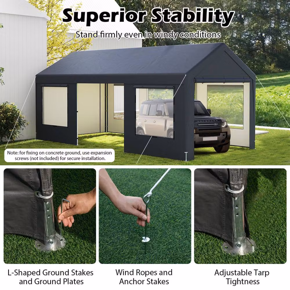Gymax Grey Car Shelter Garage Canopy Tent with 8 Removable Sidewalls, W: 600 cm, D: 300 cm, H: 280 cm – 10
