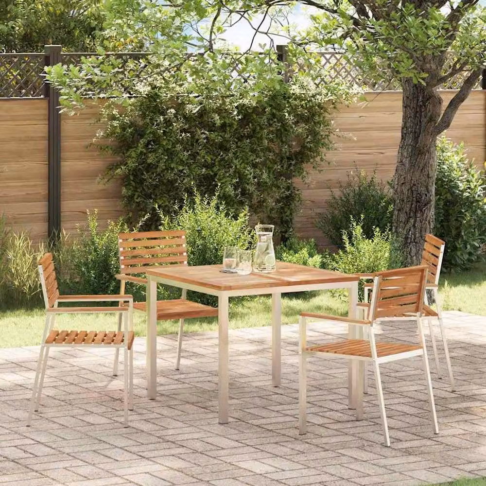 Berkfield Home Set of 4 Stackable Garden Chairs in Brown Solid Teak Wood and Stainless Steel – 2