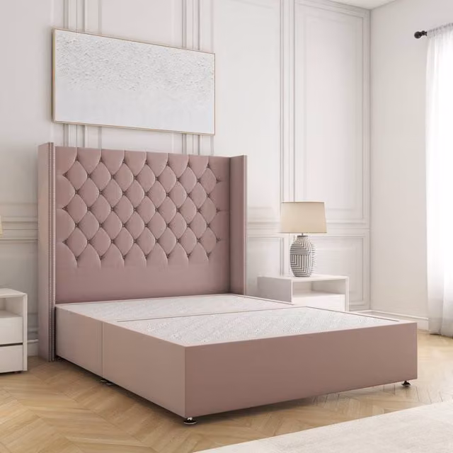 BSSPOKE Olivia King Size Divan Bed with 54 inch Headboard in Pink Plush Velvet, W/D/H: 180 x 200 cm