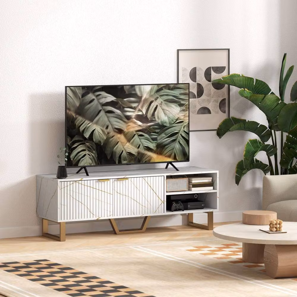 Wyld Haus Veriri TV Unit in White and Gold with Fluted Doors, Width: 140 cm – 7