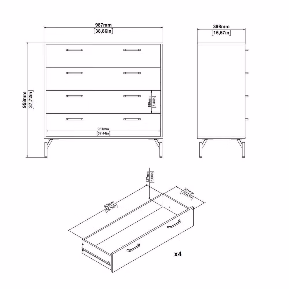 CALICOSY BORA 4-Drawer Chest in Matte Black with Metal Legs, Height: 96 cm – 5