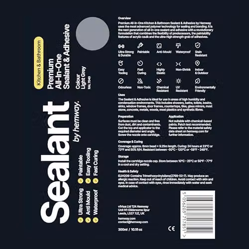 Hemway MS Polymer Kitchen and Bathroom Sealant and Adhesive, Grey, 300 ml – 6