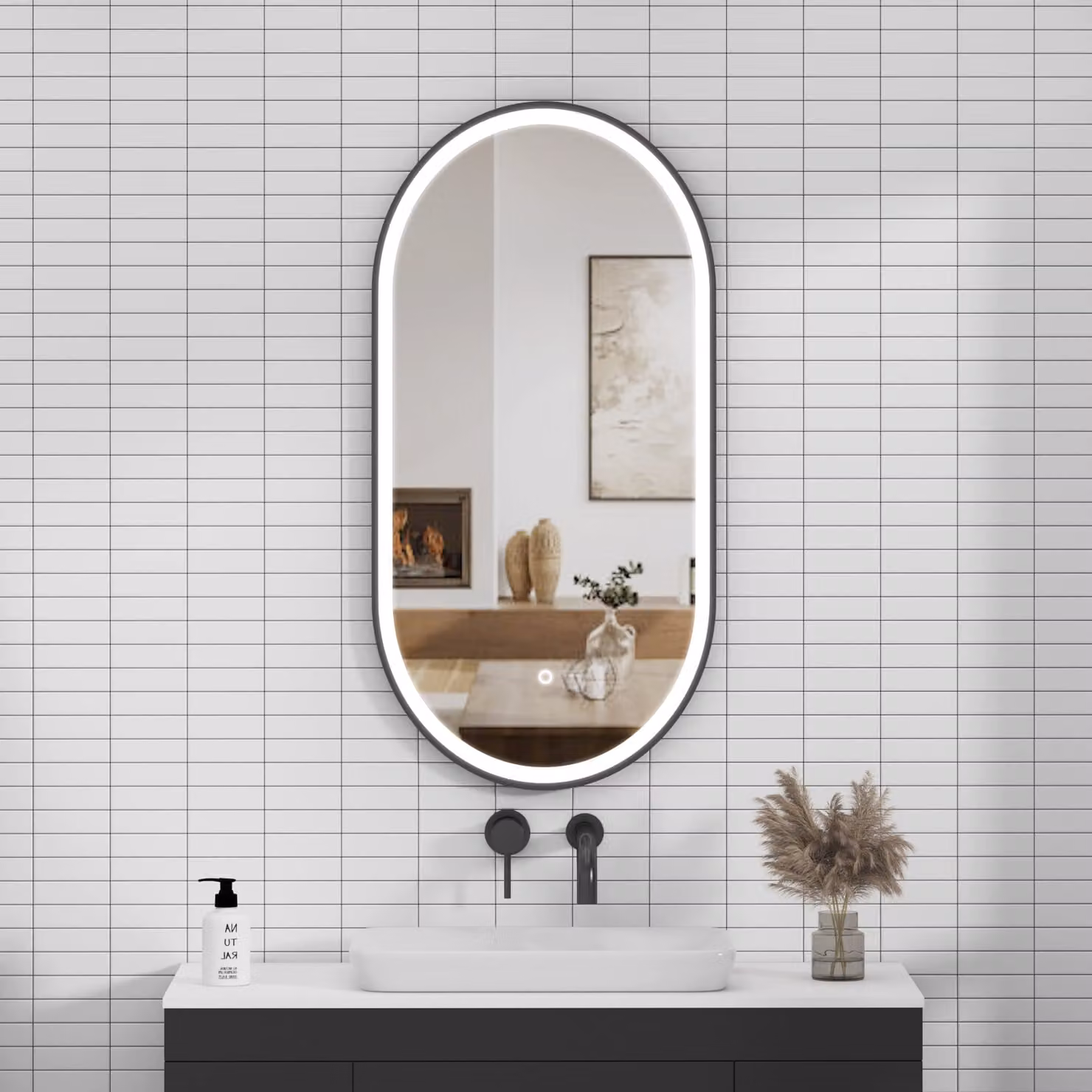 Royal Bathrooms Elite Capsule Mirror in Matt Black with LED Illumination, Demister Pad and Touch Sensor, W: 45 cm, H: 90 cm