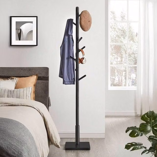 VASAGLE Modern Black Wooden Coat Rack with 8 Hooks