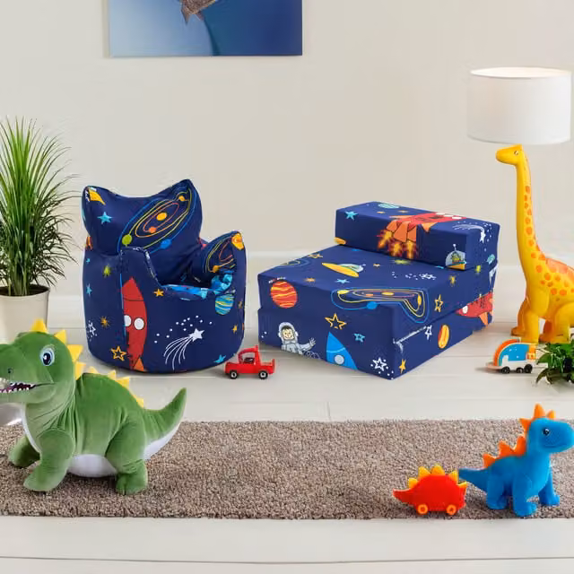Ready Steady Bed Space Boy Printed Kids Bean Bag Armchair and Folding Z Bed Mattress in Blue